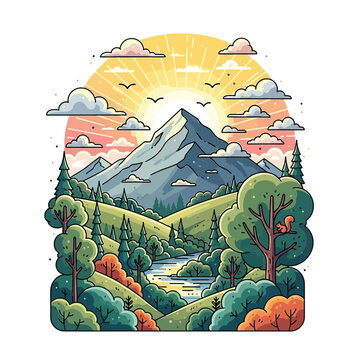 Aesthetic Flat illustration of a Nature Mountain at Morning
