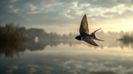 Graceful swallow soaring above tranquil lake at dawn, serene nature scene.