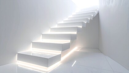 Minimalist floating staircase illuminated from underneath, going upward