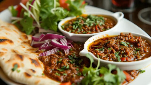 A variety of vibrant Indian dishes on a plate with naan bread and salad.