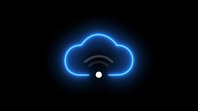 Cloud computing glowing neon wifi icon animation on black background.cloud icon. network system animation video. wifi concept.4k video