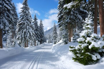 Cross-country ski trail winding through snowy forest in winter