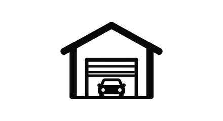 Simple black line drawing silhouette of a house with an open garage door and a car inside silhouette