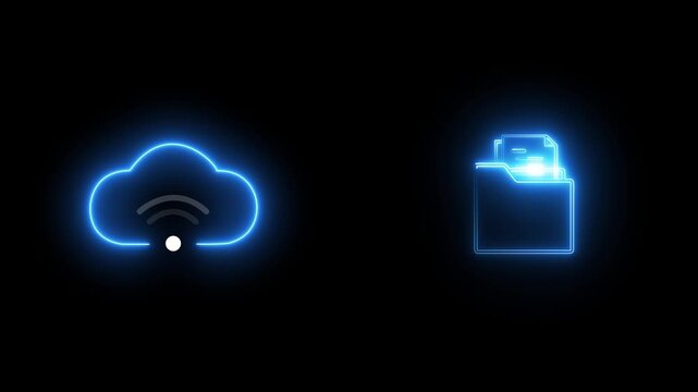 Cloud technology concept for data management system, online database storage, Information system for business.Neon glow Data storage icon concept. animation sign icon business sign icon. 4K video