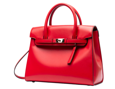 Sleek, red leather satchel handbag with top handles and a polished metal clasp, isolated on a black background