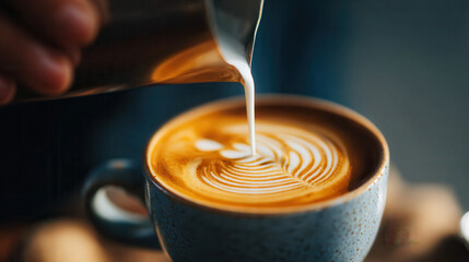 Barista pouring steamed milk into espresso creating latte art