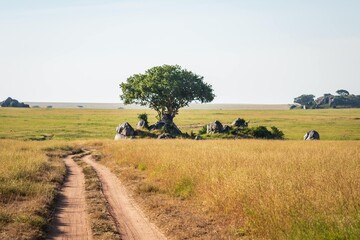 Iconic Acacia Tree on a Kopje in the Vast African Serengeti Plain, Tanzania
