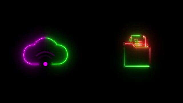 Cloud technology concept for data management system, online database storage, Information system for business.Neon glow Data storage icon concept. animation sign icon business sign icon. 4K video