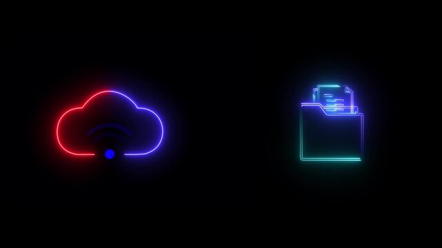 Cloud technology concept for data management system, online database storage, Information system for business.Neon glow Data storage icon concept. animation sign icon business sign icon. 4K video