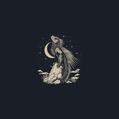 Vintage engraving style illustration of an iguana or lizard on a rock under the starry night sky and full moon. Detailed hand-drawn sketch of the reptile and tropical wildlife scene