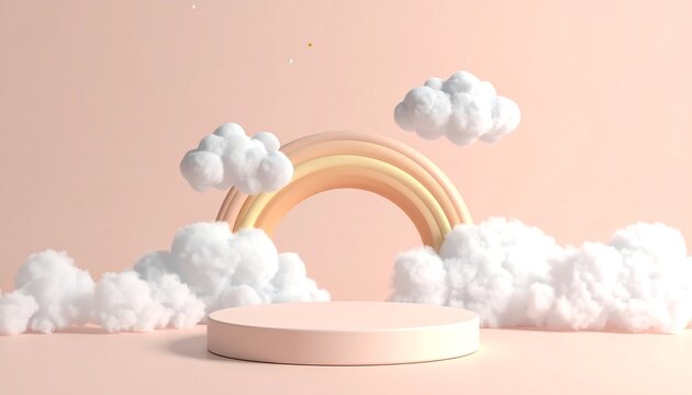Pastel scene featuring a podium, rainbow, and fluffy white clouds - Powered by Adobe