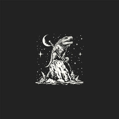 illustration of a brave anthropomorphic lizard warrior with a sword and cloak. Detailed hand-drawn sketch of a fantasy reptile character standing on a rock under a crescent moon and starry night sky