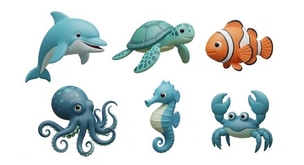 Fototapeta premium Collection of Cute Cartoon Marine Animals.