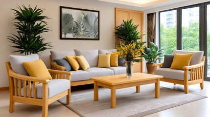 Modern living room with stylish wooden furniture and green plants