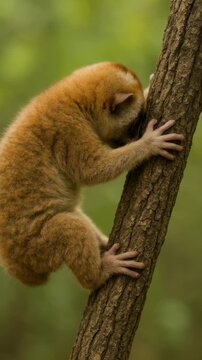 Close-up video still of a slow loris clinging to a tree, captured from a side angle. The lush green background enhances its wide-eyed expression. Live mobile wallpaper.