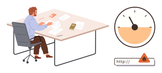 Office worker reviewing papers while productivity gauge and web threat warning highlight cybersecurity and efficiency risks. Ideal for technology, productivity, cybersecurity, workplace safety