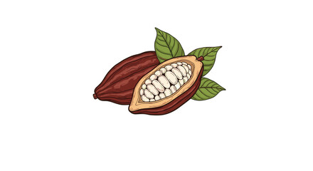 Artistic rendering of cacao beans, one cut open to show the white beans inside, surrounded by green leaves on a white background.