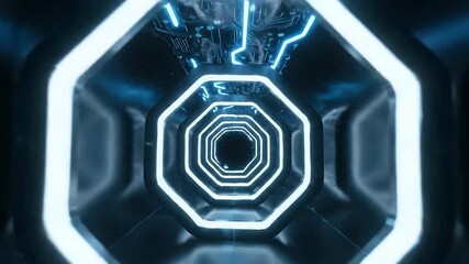 Futuristic neon-lit corridor with geometric patterns and glowing blue lines creating a sense of depth and motion - Powered by Adobe