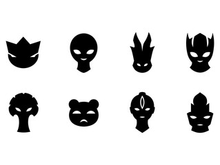 Collection of Eight Stylized Alien and Creature Head Silhouettes on a White Background