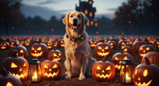 Golden Retriever Sitting in a Pumpkin Patch at Dusk with Spooky Lit Jack O Lanterns