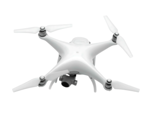 White drone with propellers, facing slightly downward with camera visible, on a black background