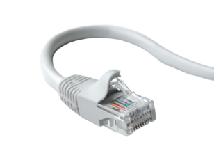 White ethernet cable connector and cord against black backdrop, close-up macro shot