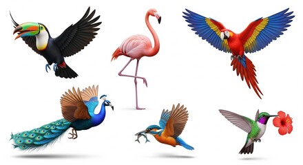 Obraz premium Collection of Exotic Birds in Flight and Perched.