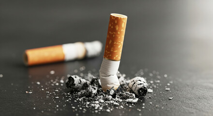 Cigarette Butt Extinguished in Ash: Symbol of Unhealthy Habits, Smoking Cessation, and Public Health Warning