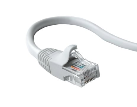 White ethernet cable connector and cord against black backdrop, close-up macro shot