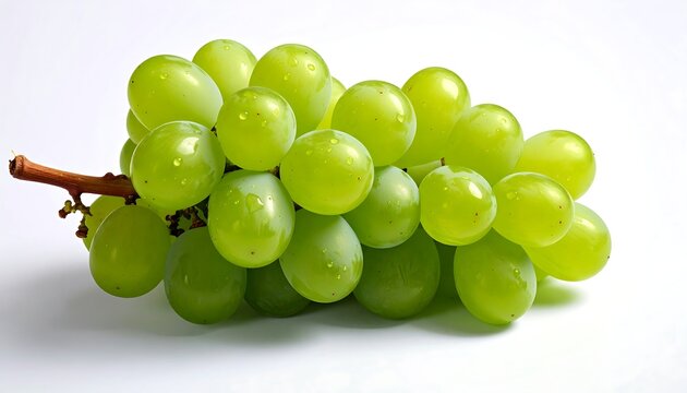 A close-up view of a bunch of juicy green grapes on a white background