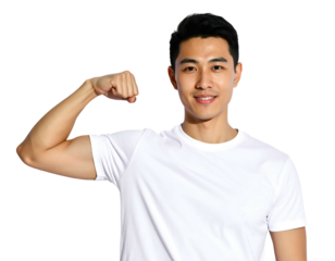 Smiling young Asian man in a white tee flexing a bicep muscle against a clear background