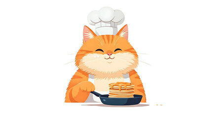 Adorable chef cat proudly presents a stack of delicious syrupy pancakes, perfect for culinary delight and food-themed designs.