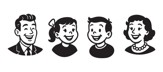 Cheerful retro family smiling together with vintage style, perfect for classic designs and nostalgic projects, delivering a sense of warmth and togetherness