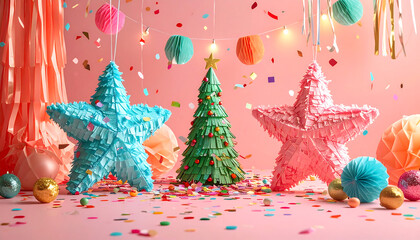 Fun Christmas Star Piñata with Confetti on Pastel Background