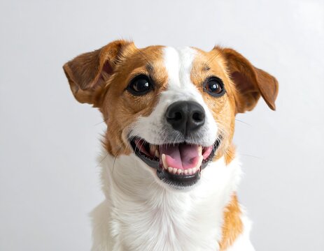 A happy, smiling canine with brown and white markings, close-up portrait