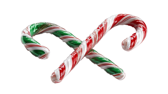 Two colorful candy canes isolated on white high resolution PNG festive Christmas and New Year sweet treat clipart for seasonal design and social media
