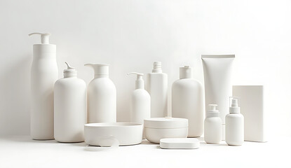 A minimalist display of assorted white cosmetic bottles and containers on a white seamless backdrop 32k resolution