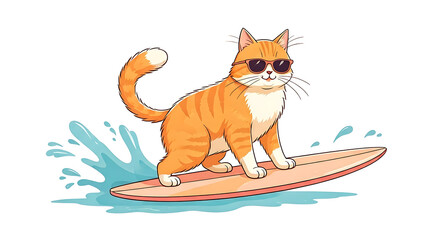 Fototapeta premium Cool orange tabby cat wearing sunglasses surfs a wave with joy and playful energy on a vibrant surfboard