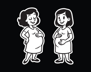 Celebrating motherhood joy two pregnant women embrace their bellies in simple vector art perfect for baby product ads or pregnancy resources online