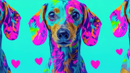 Vibrant and playful abstract dog art with hearts for a fun and cheerful vibe. Perfect for pet lovers and children's decor. - Powered by Adobe