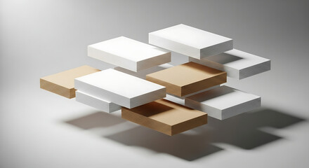 Floating geometric shapes composition with varying colors and shadows.