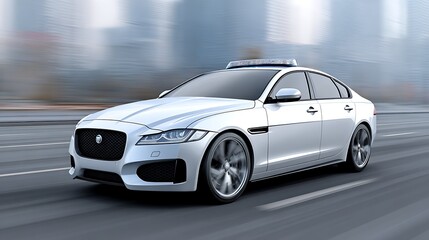 driverless car on urban street. Front side view. Selective focus