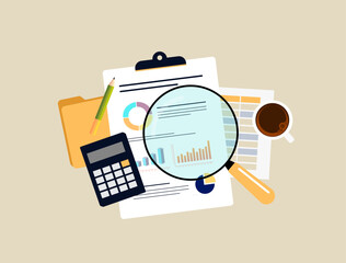 Financial analysis vector illustration magnifies charts and graphs on clipboard with calculator and coffee cup. Financial analysis insights, business reporting and strategic decisions illustration