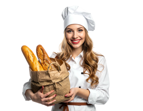 Smiling young baker with blonde curls holds a bag with bread. Wears a chef's hat and a white uniform