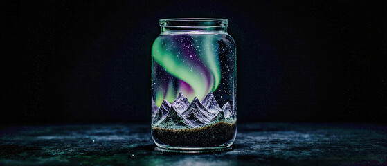 Transparent glass bottle filled with swirling aurora lights and miniature mountains inside. Dark moody background, high contrast, conceptual and commercial.