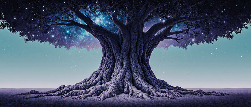 A gigantic tree growing from Earth with its roots reaching into outer space, merging soil and cosmos. Cosmic color palette, sense of scale and awe.