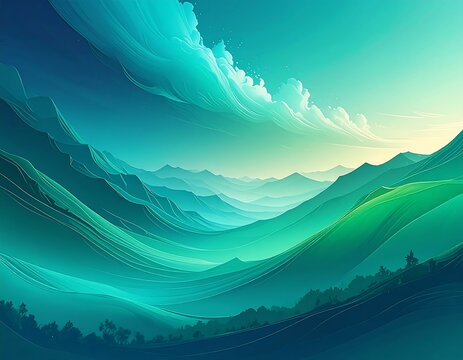 Abstract painting of rolling hills, a vivid sky, and majestic peaks
