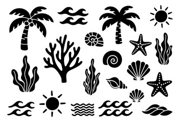 Obraz premium Tropical beach silhouette set with palm tree, sun, ocean wave, seashell, starfish, coral and seaweed
