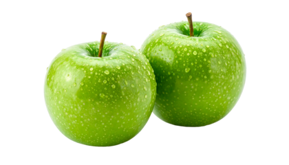 Two vibrant green apples, glistening with moisture, sit together against a dark background