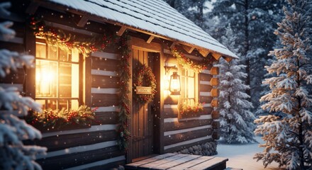 Charming Log Cabin Exterior Adorned with Festive Christmas Garland in Winter Wonderland Scenery